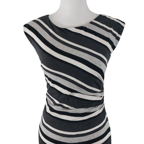 ANN TAYLOR LOFT! BLACK, WHITE, GRAY DIAGONAL STRIPE STRETCH T-SHIRT DRESS! SZ XS - Picture 3 of 10
